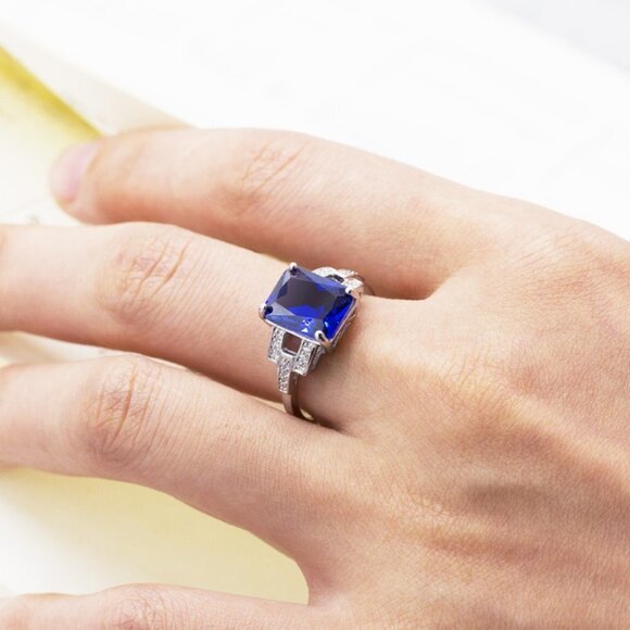 💍 Trendy Radiant Royal Blue Pure Gemstone Zircon Rings for Women, EVGG1230 - Picture 4 of 7
